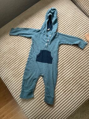 kate quinn Blue Hooded One-Piece romper with Navy Pocket